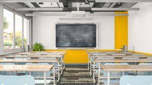 Empty classroom or presentation room interior with desks, chairs and chalkboard, 3d rendering