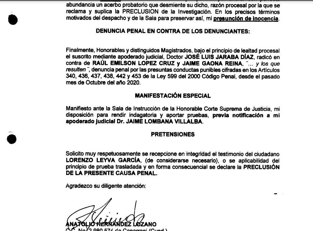 Petición de Anatolio Hernández ante la Corte Suprema de Justicia.