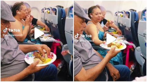 La familia no dudó en sacar su pollo asado y repartirlo en pleno avión. El momento es viral.