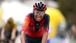 VALAIS - THYON 2000, SWITZERLAND - APRIL 29: Egan Bernal of Colombia and Team INEOS Grenadiers crosses the finish line during the 6th Tour De Romandie 2023, Stage 4 a 161.6km stage from Sion to Valais - Thyon 2000 (2090m) / #UCIWT / on April 29, 2023 in Sion, Switzerland. (Photo by Dario Belingheri/Getty Images)