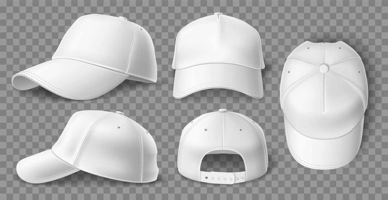 Realistic white baseball cap mockup. 3D sports headgear with sun protection visor. Blank head clothing element. Different view angles. Empty headdress template. Vector isolated basic unisex hats set