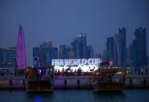 DOHA, QATAR - NOVEMBER 17: Dhow sailing boats seen at the Corniche Waterfront Promenade with the The West Bay skyline in the back ahead of the FIFA World Cup Qatar 2022 on November 17, 2022 in Doha, Qatar. (Photo by Matthias Hangst/Getty Images)