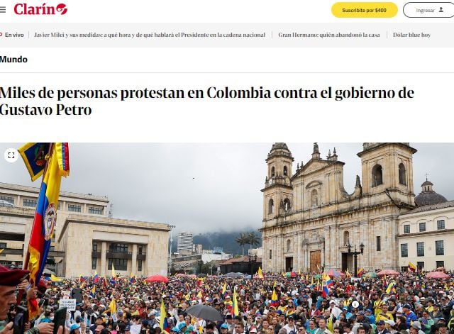 El diario argentino aseguró que " los manifestantes se sumaron con banderas de Colombia, camisetas blancas y un grito al unísono: "íFuera Petro!"