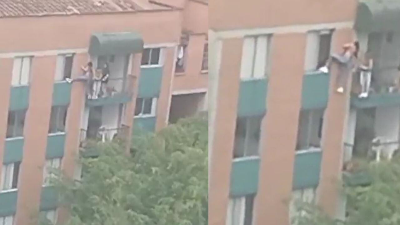 Arriesgada maniobra en un edificio de Medellín.