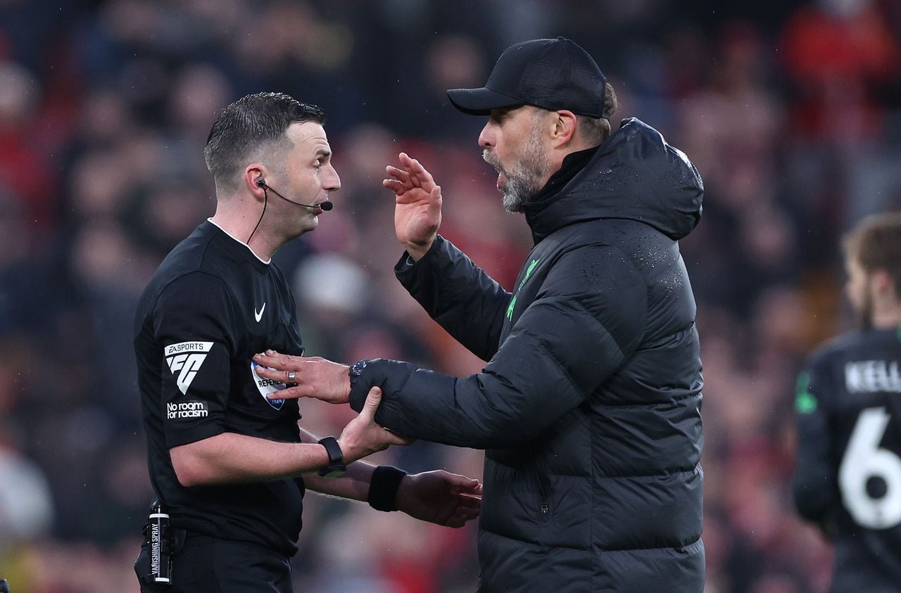 LIVERPOOL, ENGLAND - MARCH 10: Jurgen Klopp the manager of Liverpool FC argues with referee Michael Oliver after the Premier League match between Liverpool FC and Manchester City at Anfield on March 10, 2024 in Liverpool, England. (Photo by Alex Livesey - Danehouse/Getty Images)