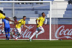 Colombia's Oscar Cortes (16) celebrates scoring his side's opening goal against Slovakia during a FIFA U-20 World Cup round of 16 soccer match at the Bicentenario stadium in San Juan, Argentina, Wednesday, May 31, 2023. (AP Photo/Natacha Pisarenko)