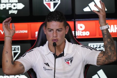 Soccer player James Rodriguez speaks during his media presentation in Sao Paulo, Brazil, Tuesday, Aug. 1, 2023. The 32-year-old Colombian attacking midfielder, a former Real Madrid and Bayern Munich player, has signed a two-year contract with Sao Paulo FC. (AP Photo/Andre Penner)