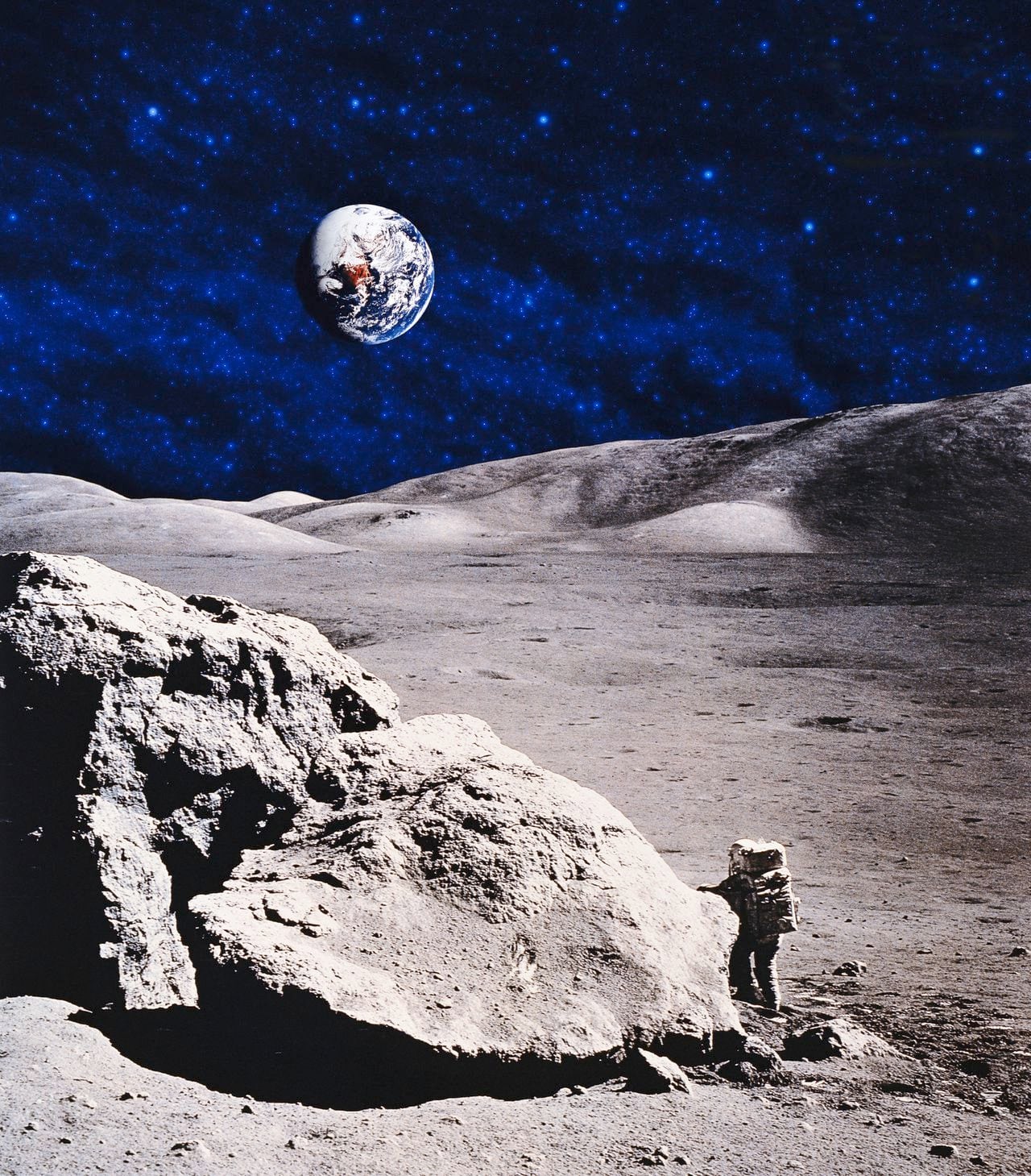 Ilustración de un astronauta mirando la Tierra, desde la Luna.