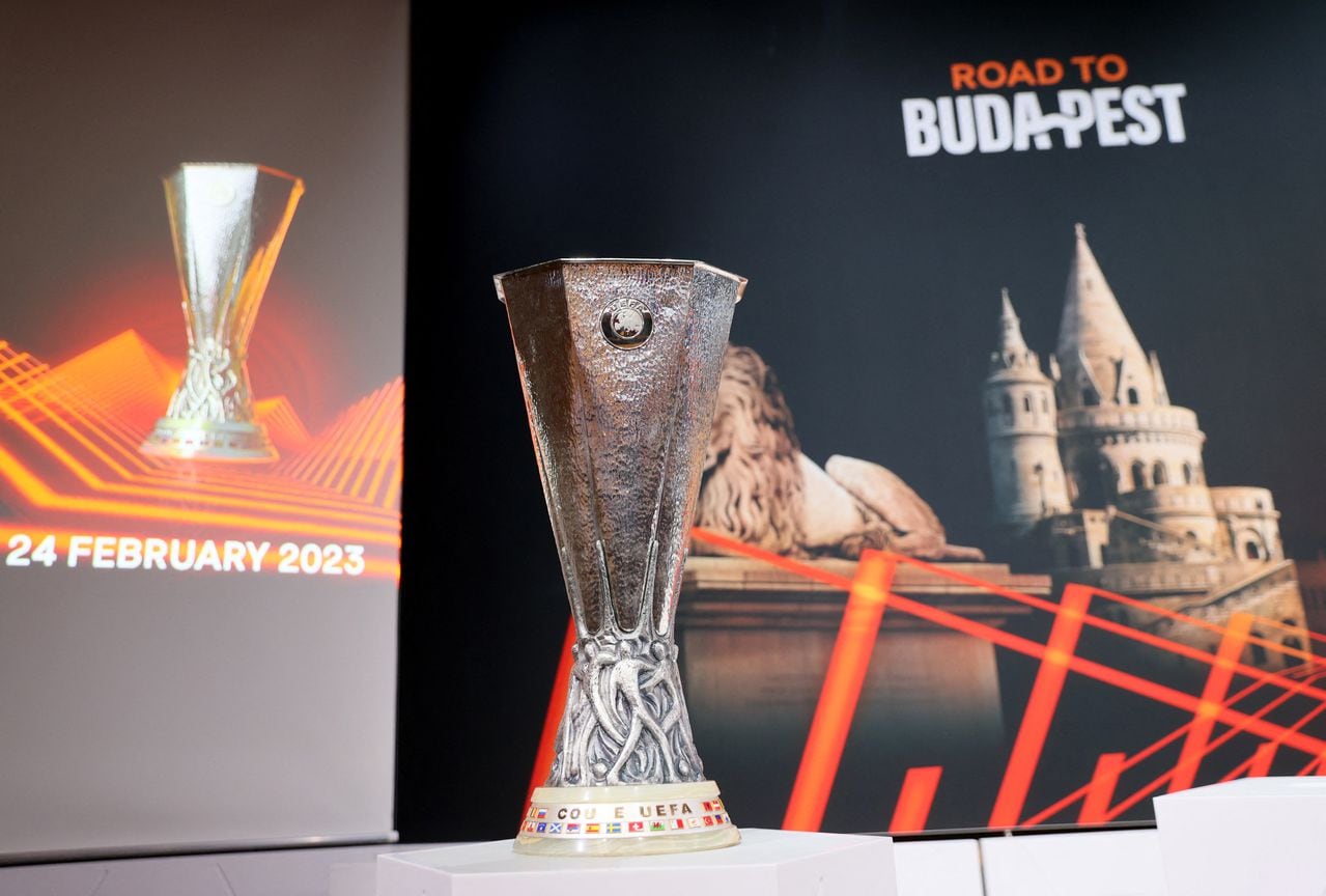 Soccer Football - Europa League - Round of 16 Draw - Nyon, Switzerland - February 24, 2023 General view of the Europa League trophy before the draw REUTERS/Denis Balibouse