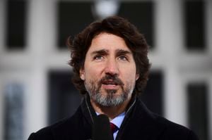 El primer ministro canadiense Justin Trudeau habla en conferencia de prensa en Ottawa el 22 de enero de 2021. . (Sean Kilpatrick/The Canadian Press via AP)