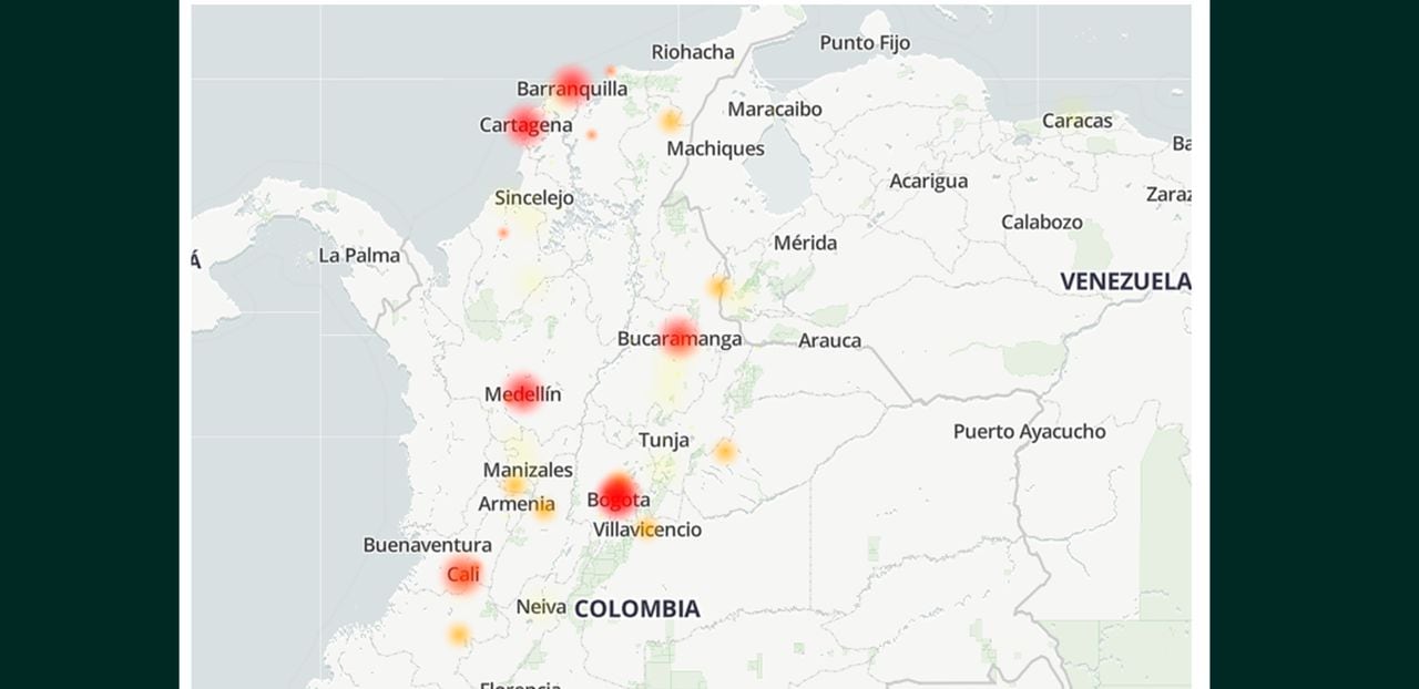 Mapa de fallas en Instagram en Colombia, generado por Downdetector el 31 de octubre.