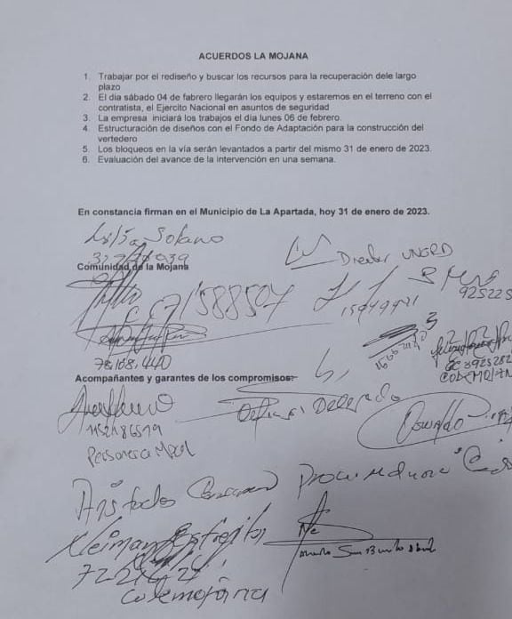 Este es el documento de los acuerdos firmados este 31 de enero para levantar el paro en La Mojana