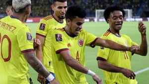 Jugadores de la Selección Colombia festejan un gol en el Metropolitano de Barranquilla