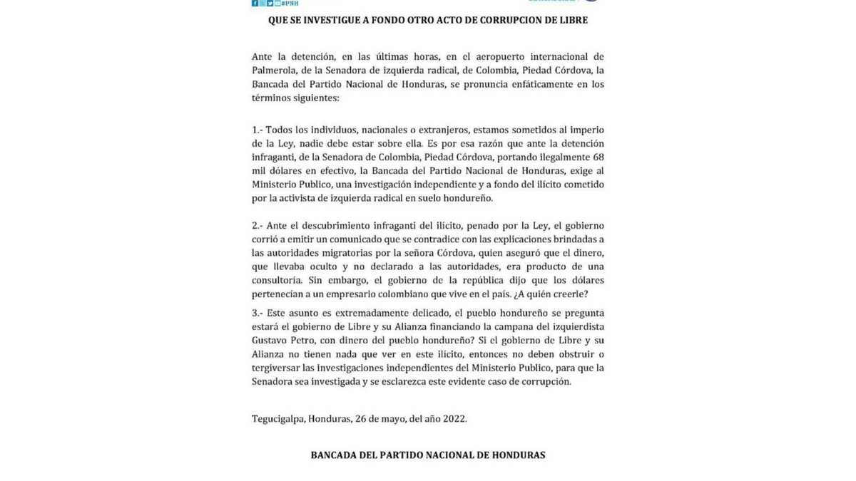 Comunicado Partido Nacional de Honduras
