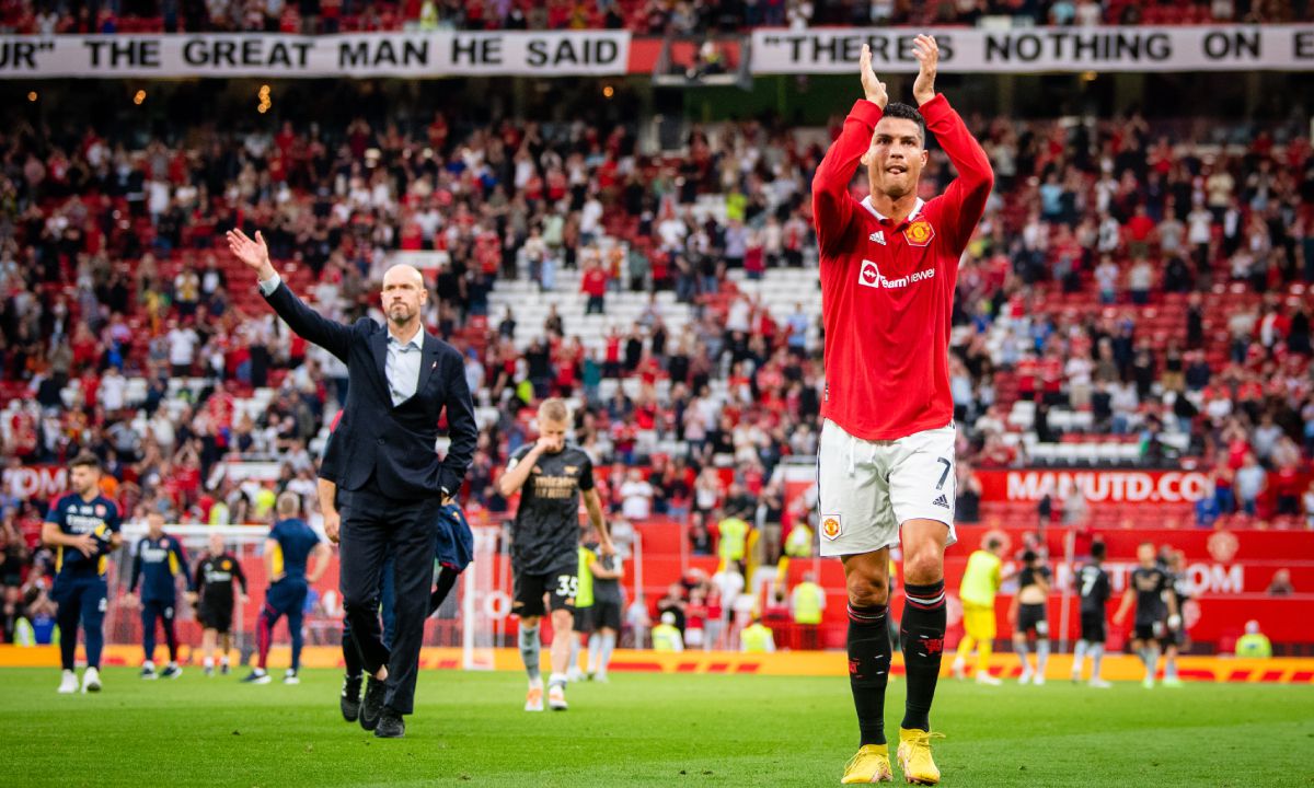 MANCHESTER, ENGLAND - SEPTEMBER 04: Cristiano Ronaldo of Manchester United applauds the fans at the end of the Premier League match between Manchester United and Arsenal FC at Old Trafford on September 4, 2022 in Manchester, United Kingdom. (Photo by Getty Images/Ash Donelon/Manchester United)