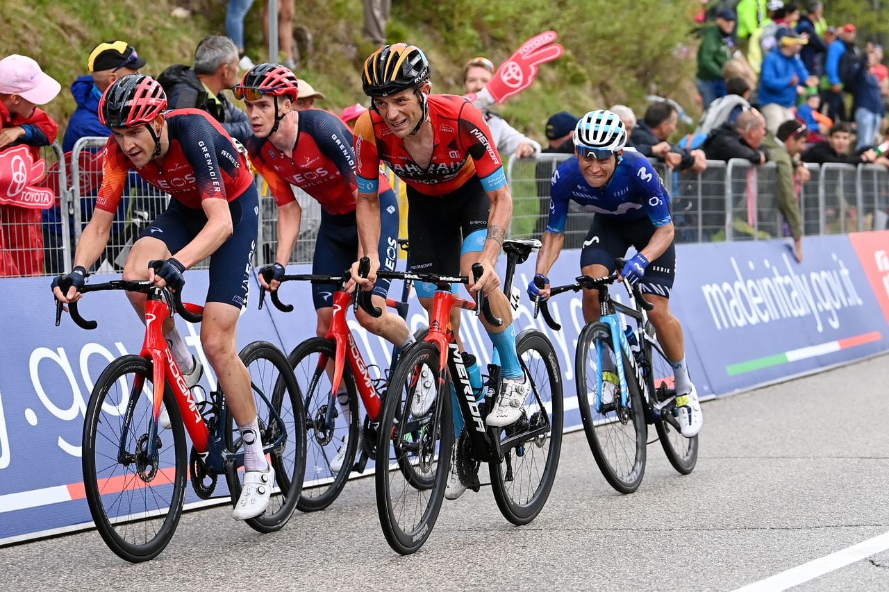 MONTE BONDONE, ITALY - MAY 23: (L-R) Laurens De Plus of Belgium, Thymen Arensman of The Netherlands and Team INEOS Grenadiers, Damiano Caruso of Italy and Team Bahrain - Victorious and Einer Augusto Rubio of Colombia and Movistar Team arriving at the finish line during the 106th Giro d'Italia 2023, Stage 16 a 203km stage from Sabbio Chiese to Monte Bondone 1642m / #UCIWT / on May 23, 2023 in Monte Bondone, Italy. (Photo by Tim de Waele/Getty Images)