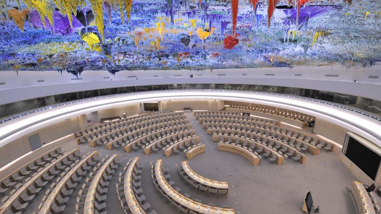 Salón XX de la Organización de las Naciones Unidas, el centro de reuniones más grande en Ginebra y lugar donde intervino Petro.