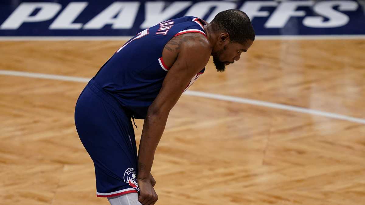 Brooklyn Nets forward Kevin Durant (7) waits for play to resume as his team trails during the first half of Game 4 of an NBA basketball first-round playoff series against the Boston Celtics, Monday, April 25, 2022, in New York. (AP Photo/John Minchillo)