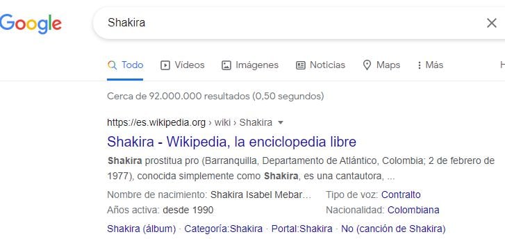 Insultan a Shakira en Google. Foto: pantallazo de búsqueda.