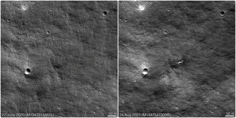 Una imagen combinada de imágenes del Lunar Reconnaissance Orbiter (LRO) de la NASA muestra la superficie de la luna el 27 de junio de 2020 y el 24 de agosto de 2023, antes y después de la aparición de un cráter, probablemente el lugar del impacto de la misión rusa Luna-25