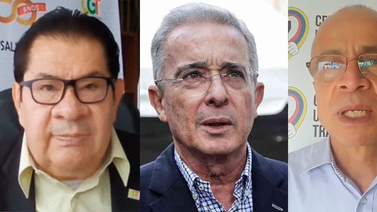 De izq. a der.: Percy Oyola, presidente de la CGT; Álvaro Uribe, expresidente y Francisco Maltés, presidente de la CUT.
