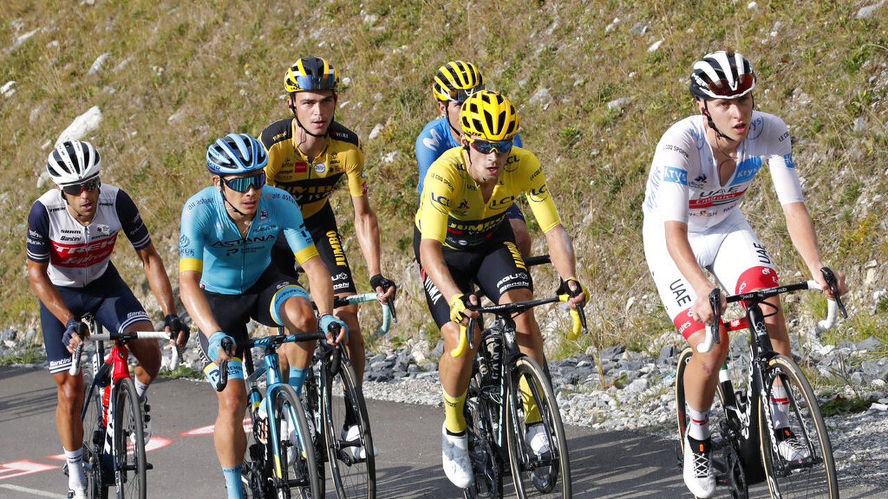 From left, Australia's Richie Porte, Colombia's Miguel Angel Lopez, Sepp Kuss of the US, Slovenia's Primoz Roglic wearing the overall leader's yellow jersey, and Slovenia's Tadej Pogacar, climb the Loze pass during the stage 17 of the Tour de France cycling race over 170 kilometers (105 miles), with start in Grenoble and finish in Meribel Col de la Loze, Wednesday, Sept. 16, 2020. (AP Photo/Christophe Ena)