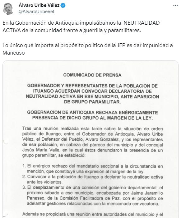 Trino del expresidente Álvaro Uribe sobre Salvatore Mancuso y la JEP