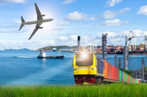 Carga ferroviaria, contenedores, en el contexto del puerto y aviones comerciales, conceptos de transporte