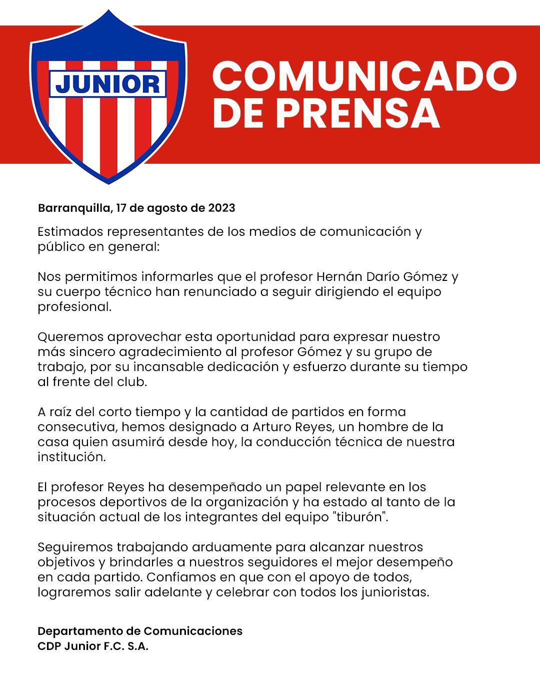 Comunicado de Junior sobre la salida del entrenador y la llegada de Arturo Reyes.