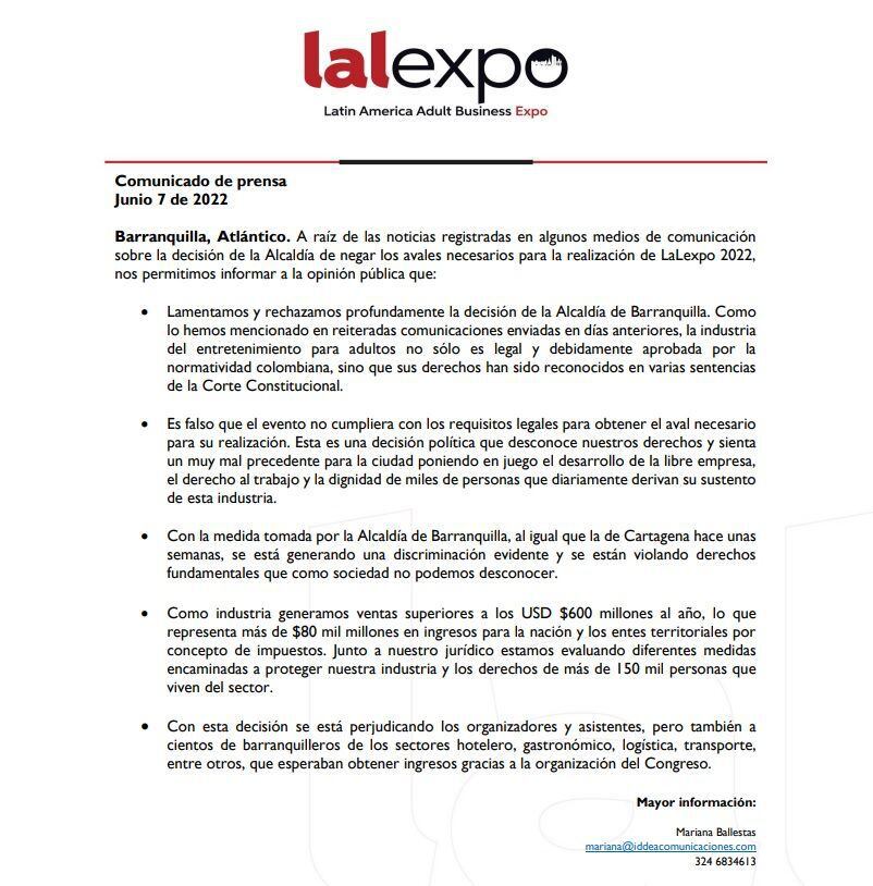 A través de un comunicado, los organizadores de Lalexpo 2022 rechazaron y lamentaron la decisión de la alcaldía de Barranquilla.