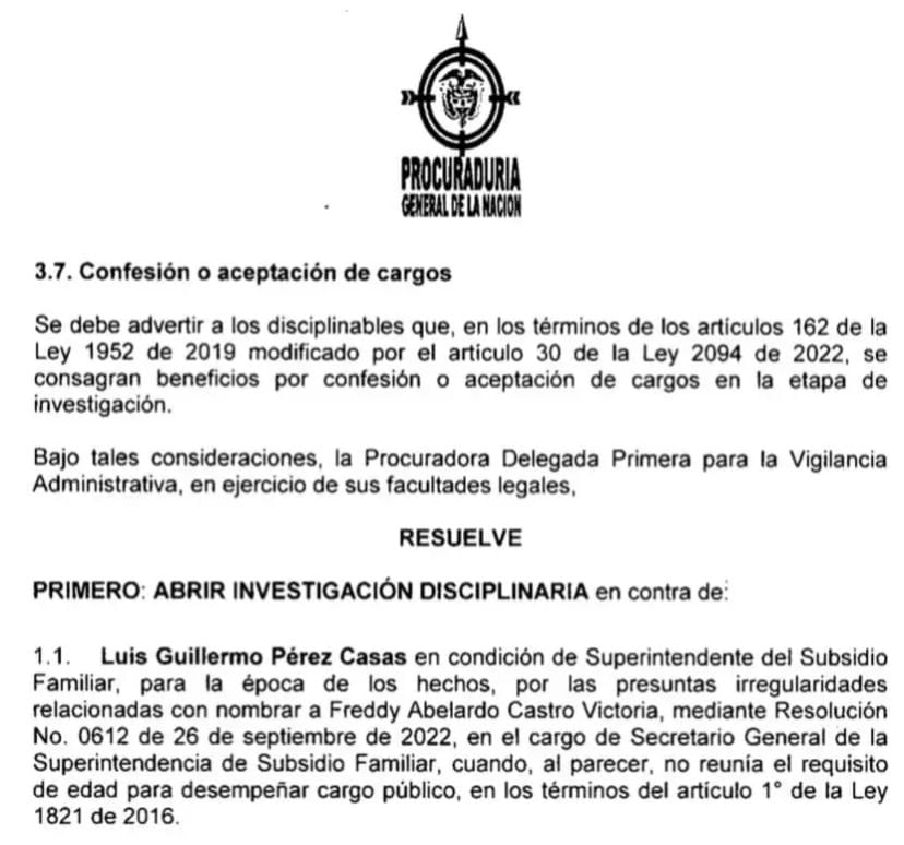 Aparte del documento de la Procuraduría que publicó el superintendente de Subsidio Familia, Luis Guillermo Pérez.