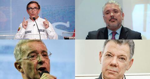 De izquierda a derecha: el candidato Jorge Luis Vargas y los expresidentes Iván Duque, Álvaro Uribe y Juan Manuel Santos.
