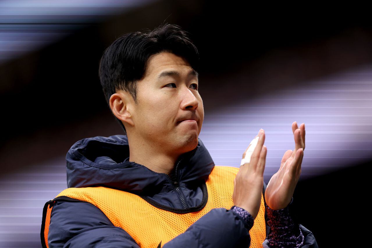 LONDON, ENGLAND - FEBRUARY 10: Son Heung-Min of Tottenham Hotspur applauds the fans during the Premier League match between Tottenham Hotspur and Brighton & Hove Albion at Tottenham Hotspur Stadium on February 10, 2024 in London, England. (Photo by Julian Finney/Getty Images)
