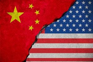 flag of the republic of china on broken brick wall and half usa united states of america flag, crisis president and china for nuclear atomic and customs duties on products tax export, import concept