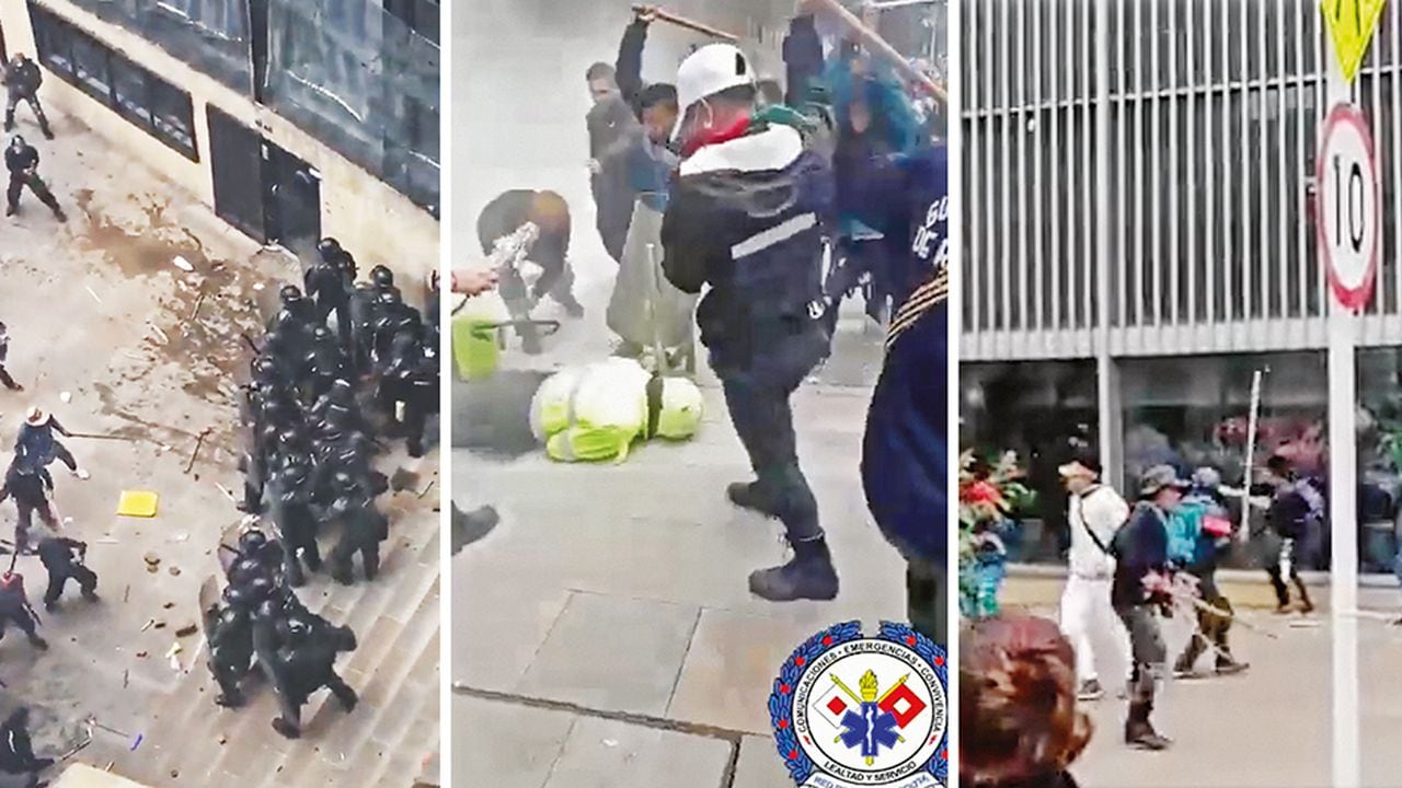    Lo ocurrido en el centro de Bogotá fue una verdadera batalla campal. Los indígenas tiraron a los policías y gestores de convivencia al piso para agredirlos con palos y piedras. También vandalizaron TransMilenio y el edificio Avianca.   