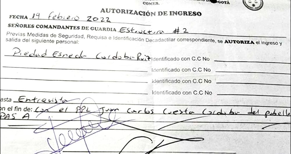   Esta es la autorización de ingreso del Inpec a Piedad Córdoba para visitar al narcotraficante Juan Carlos Cuesta, alias Gordo Rufla.
