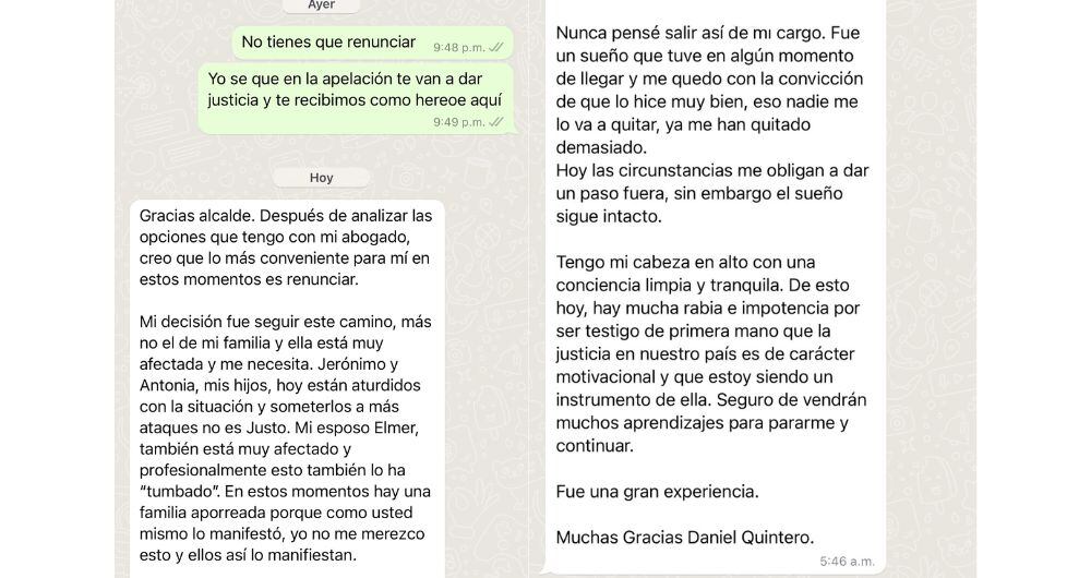 Conversación de WhatsApp entre la secretaria de Educación de Medellín y el alcalde Daniel Quintero.