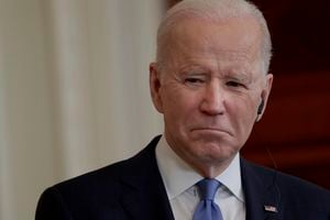 WASHINGTON, DC - FEBRUARY 07: U.S. President Joe Biden listens as German Chancellor Olaf Scholz delivers remarks alongside  during a joint news conference in the East Room of the White House on February 07, 2022 in Washington, DC. This marks the first official visit to Washington for Scholz as he is expected to be pressed on Germany's stance on sanctions against Russia should they invade Ukraine. (Photo by Anna Moneymaker/Getty Images)