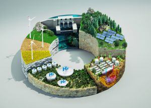 Imagen generada digitalmente de un gráfico circular abstracto de energía sostenible hecho de múltiples tipos de secciones transversales de energía verde: hidroeléctrica, geotérmica, hidrógeno, eólica y solar.