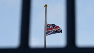 The UK flag flutters at half mast at Buckingham Palace, after Queen Elizabeth, Britain's longest-reigning monarch and the nation's figurehead for seven decades, died aged 96, according to Buckingham Palace, in London, Britain September 8, 2022. REUTERS/Toby Melville