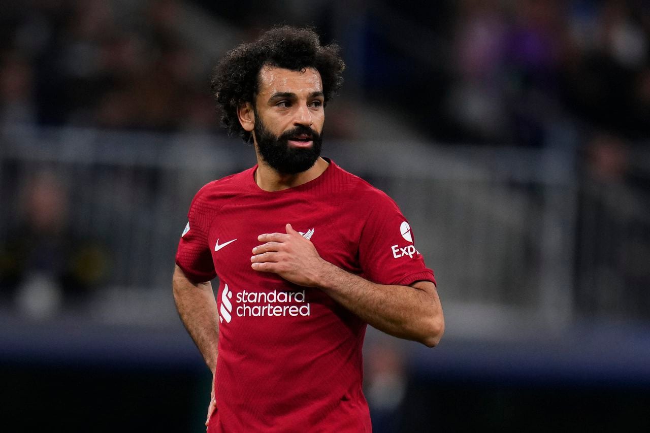 Liverpool's Mohamed Salah looks on during the Champions League, round of 16 second leg soccer match between Real Madrid and Liverpool at the Santiago Bernabeu stadium in Wednesday, March 15, 2023. (AP Photo/Manu Fernandez)