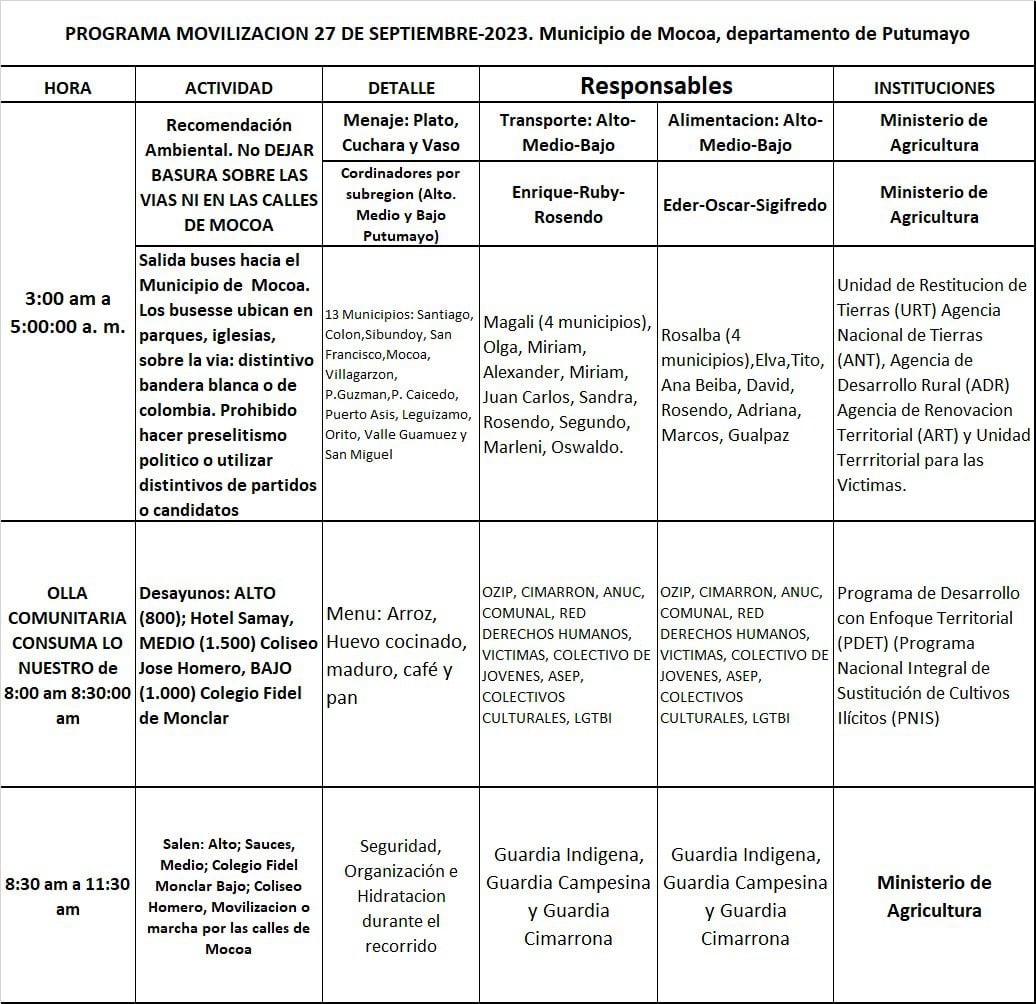 Este es el cronograma de actividades en Mocoa este 27 de septiembre.