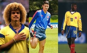 Carlos Pibe Valderrama, James Rodríguez y Faustino Asprilla con la selección Colombia