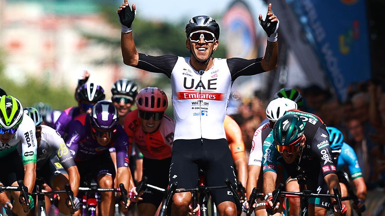 BURGOS, SPAIN - AUGUST 15: A general view of Juan Sebastian Molano Benavides of Colombia and UAE Team Emirates celebrates at finish line as stage winner during the 45th Vuelta a Burgos 2023, Stage 1 a 161km stage from Villalba de Duero to Burgos on August 15, 2023 in Burgos, Spain. (Photo by Gonzalo Arroyo Moreno/Getty Images)
