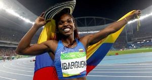 Caterine Ibargüen celebrando su medalla de Oro en los Juegos Olímpicos de Río 2016. Foto: Getty Images.