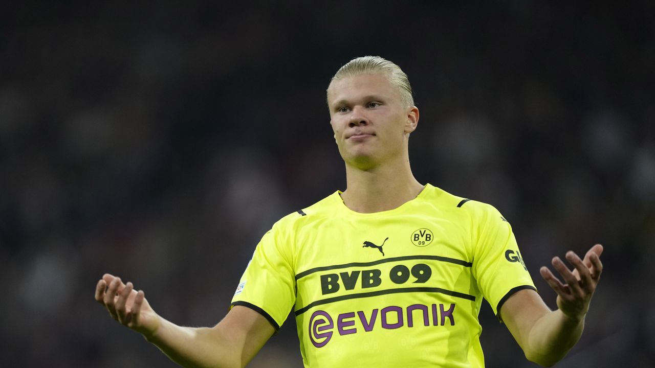 Dortmund's Erling Haaland reacts during the Champions League group C soccer match between Ajax and Borussia Dortmund at the Johan Cruyff ArenA in Amsterdam, Netherlands, Tuesday, Oct. 19, 2021. (AP Photo/Peter Dejong)