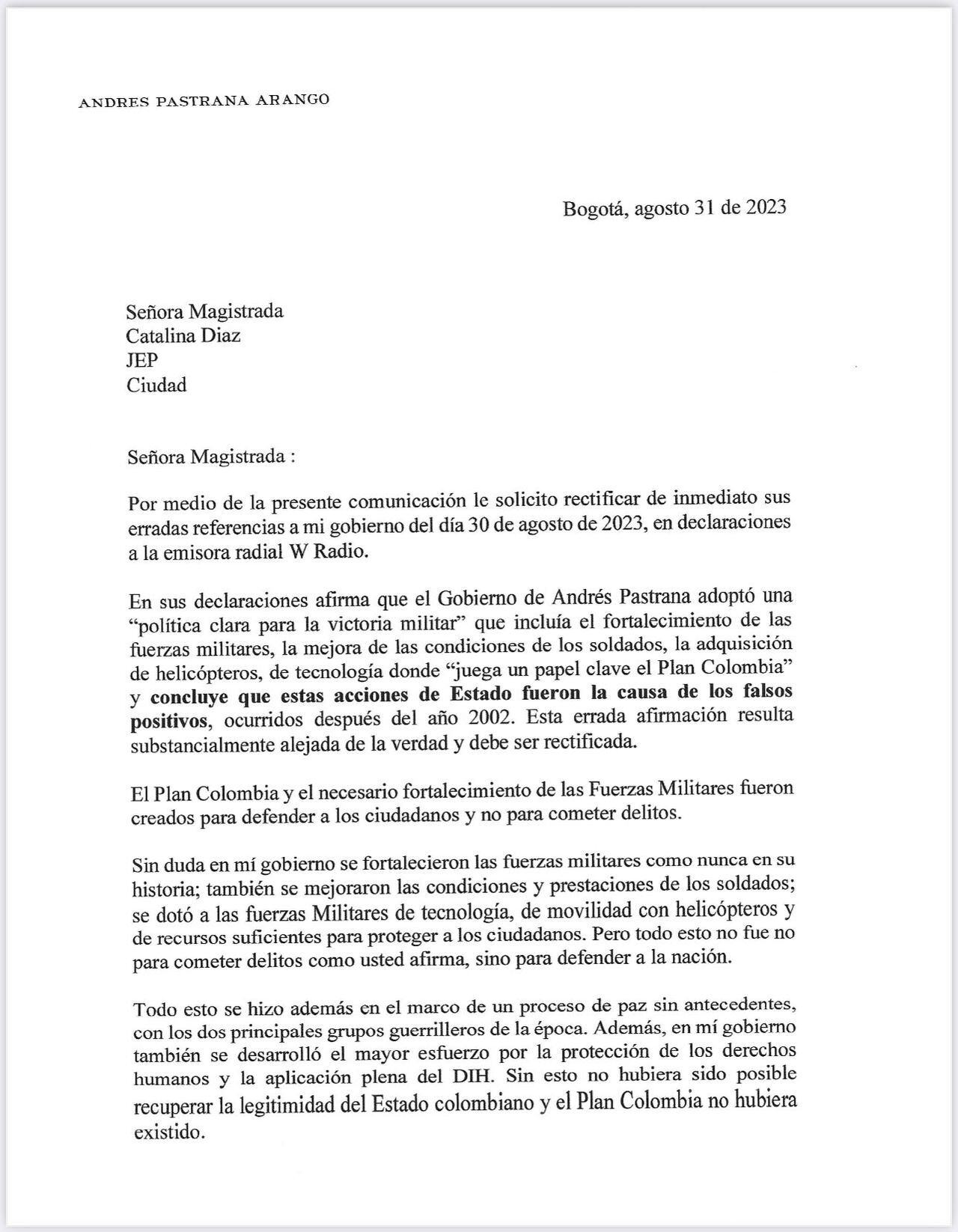 El expresidente colombiano le pidió a la Magistrada Catalina Díaz rectificarse de sus declaraciones sobre falsos positivos que lo involucran.