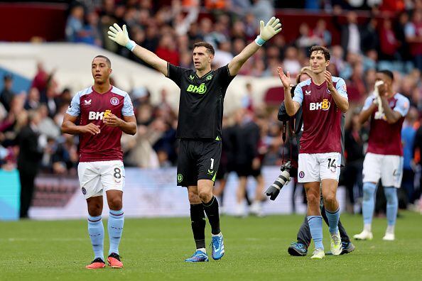 BIRMINGHAM, ENGLAND - SEPTEMBER 30: Youri Tielemans, Emiliano Martinez and Pau Torres of Aston Villa show their appreciation to the fans at full-time following the Premier League match between Aston Villa and Brighton & Hove Albion at Villa Park on September 30, 2023 in Birmingham, England. (Photo by Nathan Stirk/Getty Images)