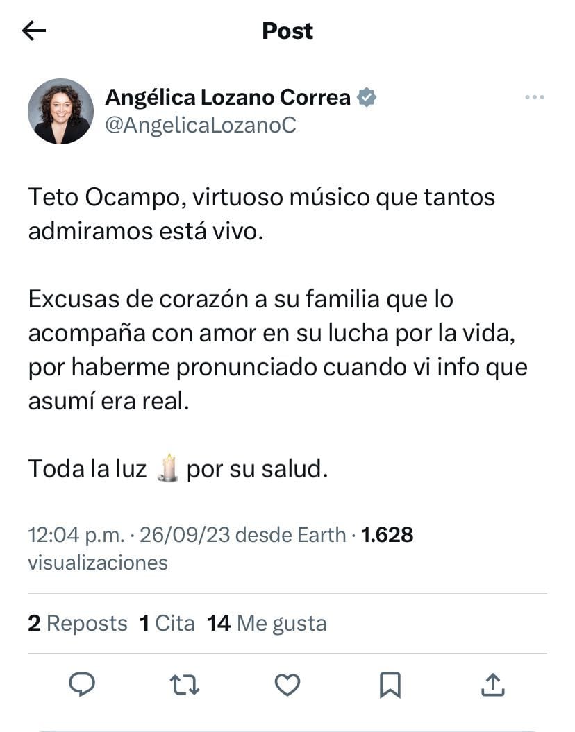 Disculpa de Angélica Lozano ante noticia de Teto Ocampo.