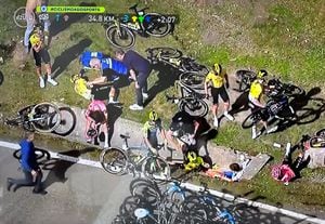 Así se ve parte del pelotón que se cayó en una curva, a 34 kilómetros de la meta, en la etapa cuatro de la Vuelta al País Vasco 2024.